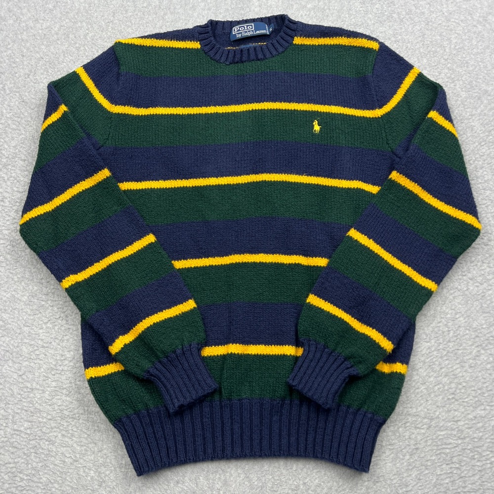 Polo Ralph Lauren Sweater Mens Small Green Striped Cotton Crew Pony Pullover
